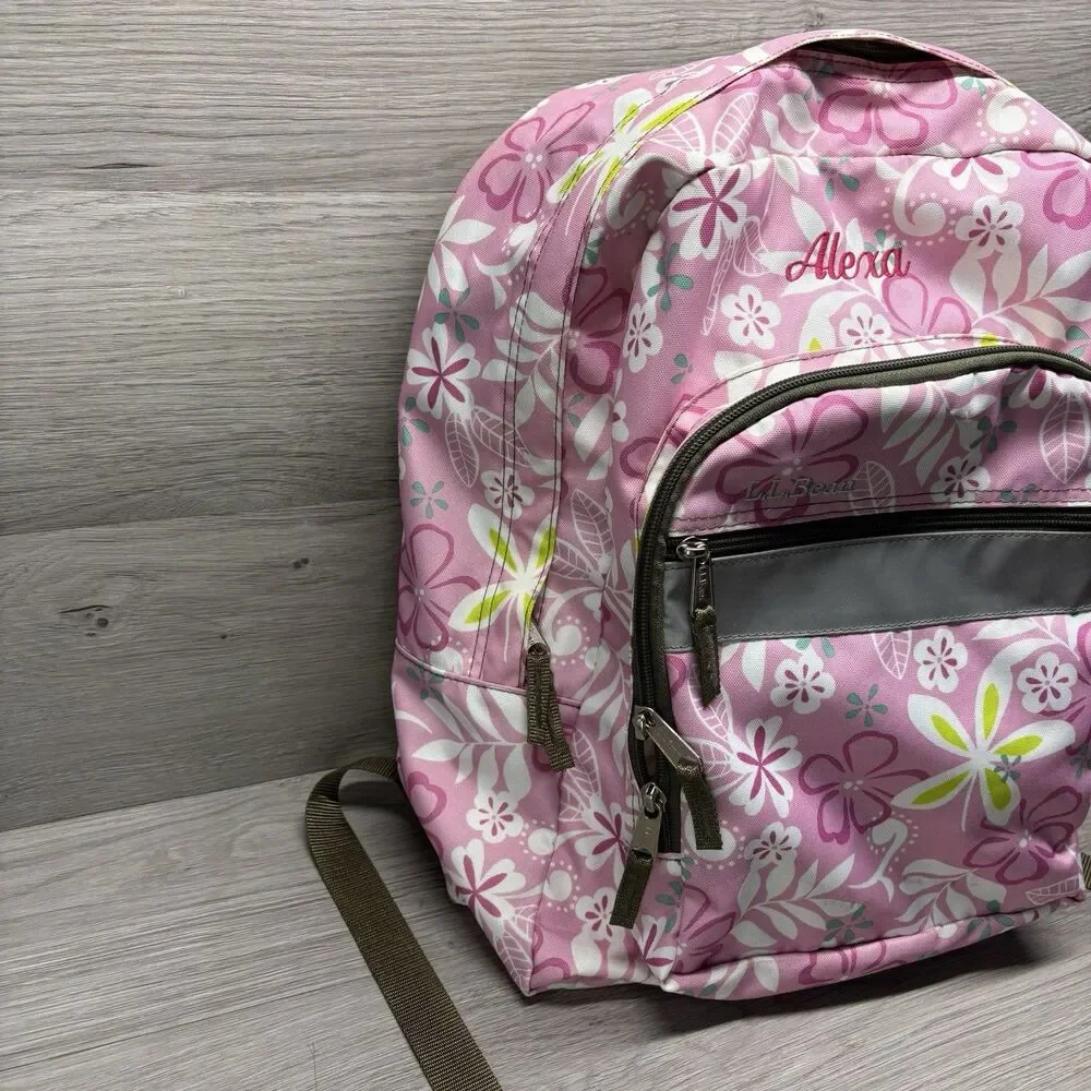 LL Bean Backpack Pink Floral Print School Travel Bag Reflective “Alexa”